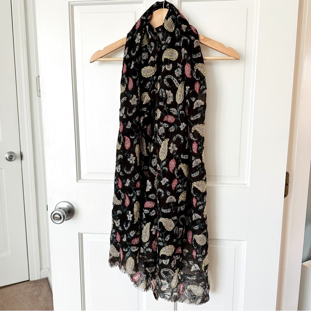 Vismaya 100% Wool Embroidered Leaves Paisley Brown Scarf